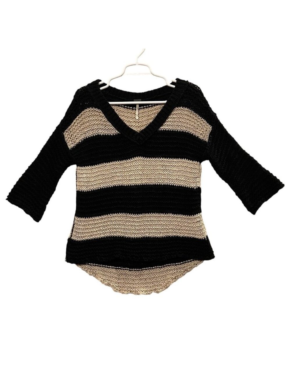 Free People Open Knit Striped V Neck Pullover Sweater Size XS Black Tan Women’s